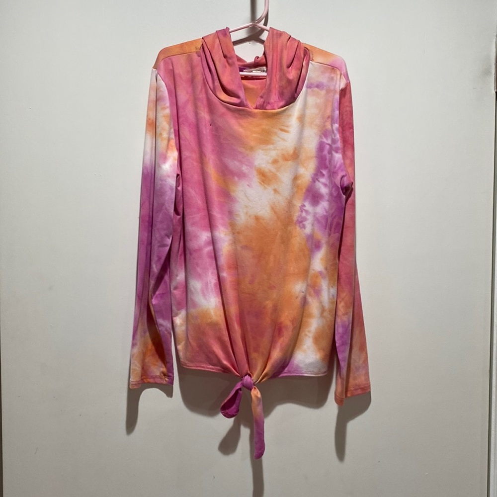 Pink and orange tie dye hooded long sleeve top with tie